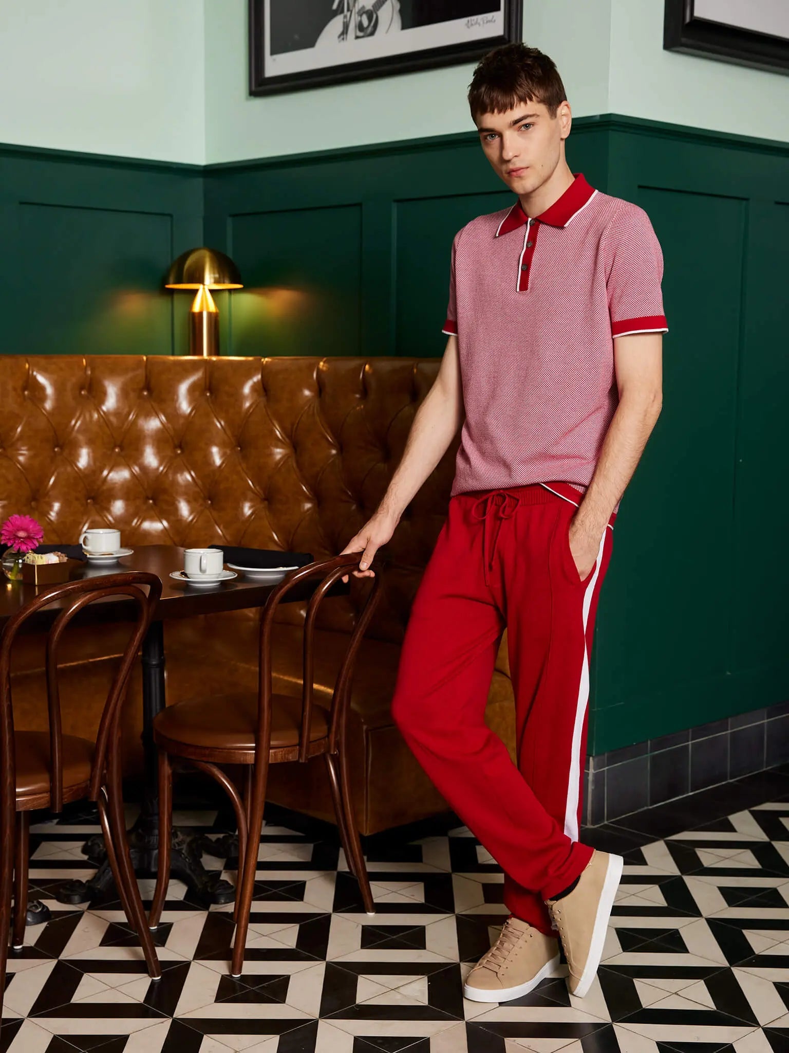 Men’s Pima Cotton Knitted Pants In Red With White Stripe