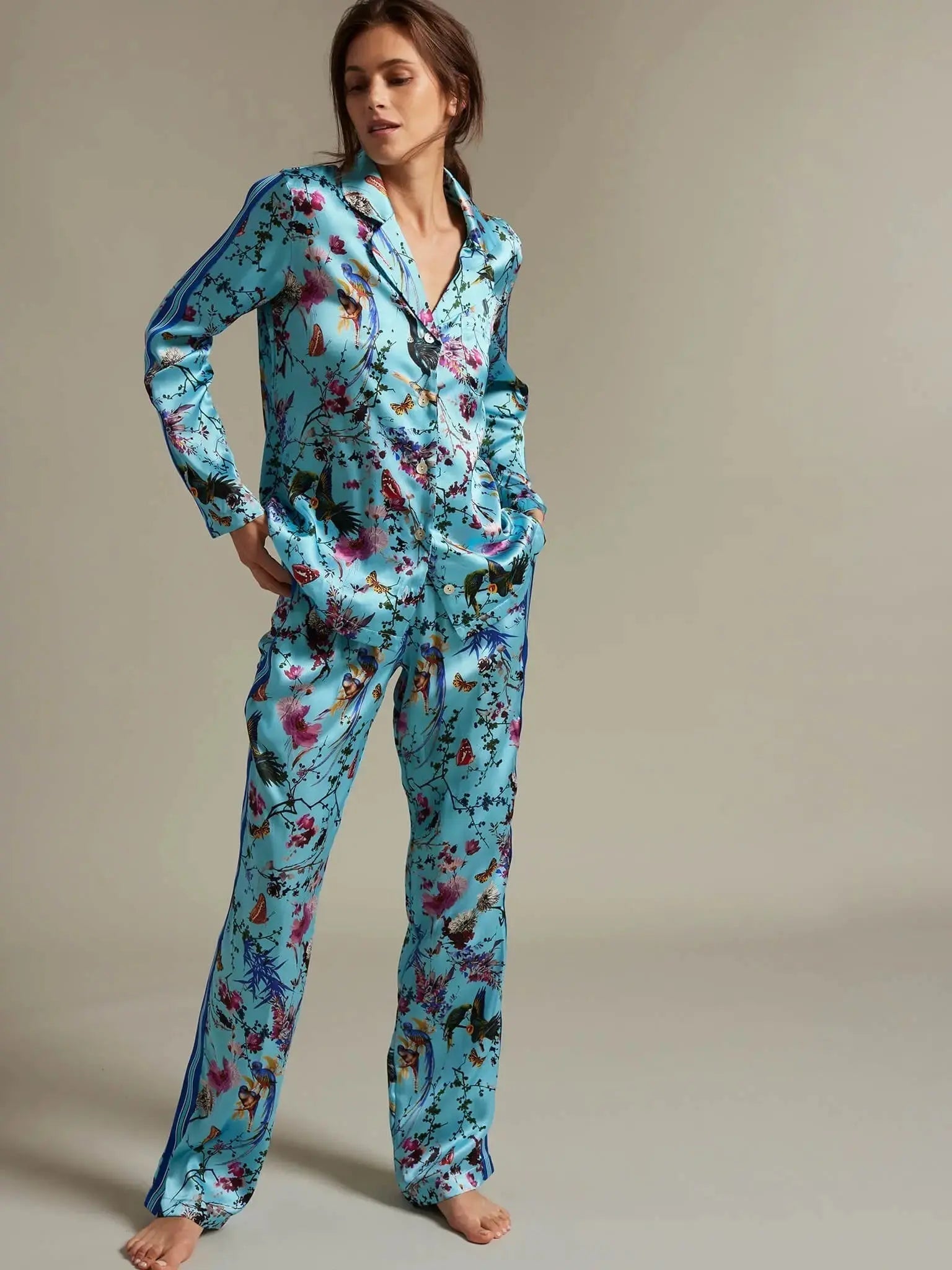Silk Pajama Set - Navy, Berry Bird