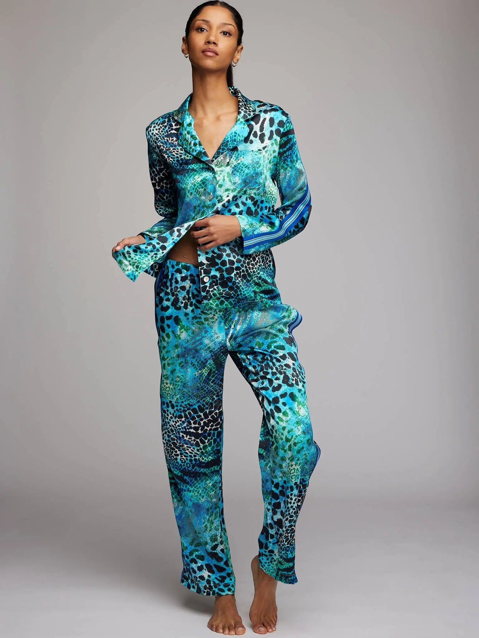 Women's blue and aqua leopard silk pajama set with stripe