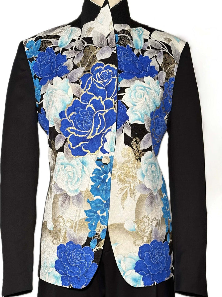 BLACK KIMONO JACKET WITH BLUE AND WHITE FLOWERS - Nigel Curtiss