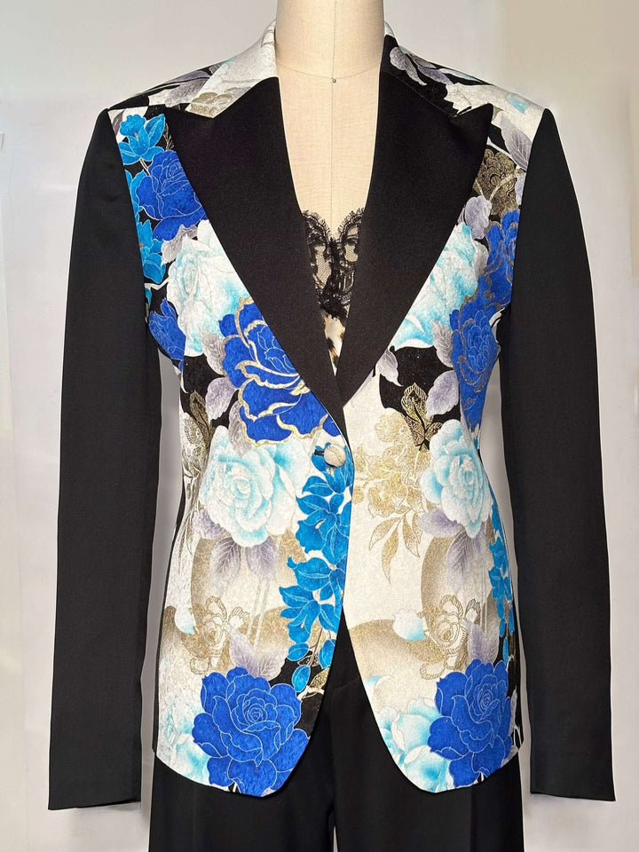 BLACK KIMONO JACKET WITH BLUE AND WHITE FLOWERS - Nigel Curtiss