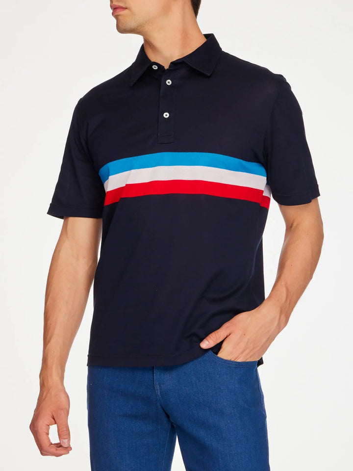 Men's Cotton Jersey Polo Shirt In Navy With Red, White And Blue Stripe - Nigel Curtiss