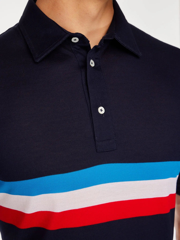 Men's Cotton Jersey Polo Shirt In Navy With Red, White And Blue Stripe - Nigel Curtiss