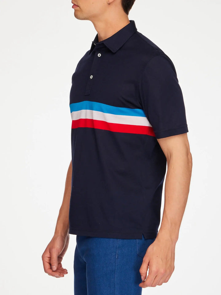 Men's Cotton Jersey Polo Shirt In Navy With Red, White And Blue Stripe - Nigel Curtiss