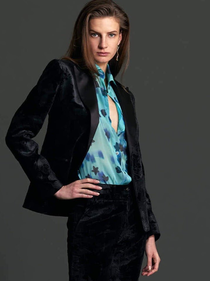 Women's Black Floral Velvet Tuxedo Jacket - Nigel Curtiss