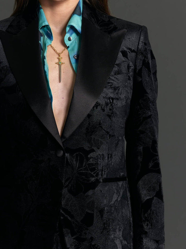 Women's Black Floral Velvet Tuxedo Jacket - Nigel Curtiss