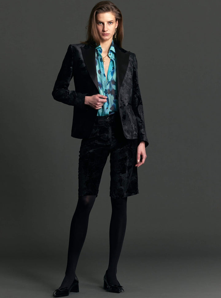 Women's Black Floral Velvet Tuxedo Jacket - Nigel Curtiss