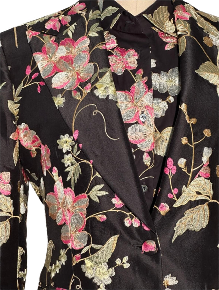 WOMEN'S BLACK SILK JACKET WITH EMBROIDERED CHERRY BLOSSOMS - Nigel Curtiss