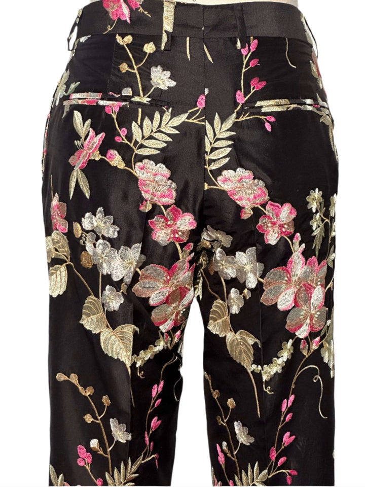 WOMEN'S BLACK SILK PANT WITH EMBROIDERED CHERRY BLOSSOMS - Nigel Curtiss