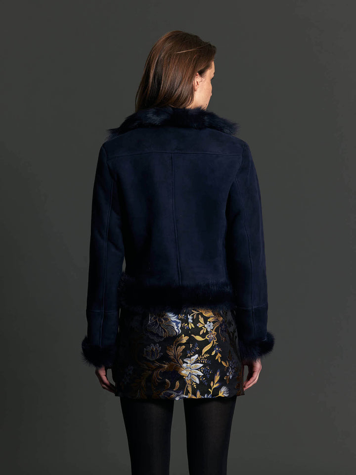 Women's Blue and Gold Floral Brocade Mini Skirt - Nigel Curtiss