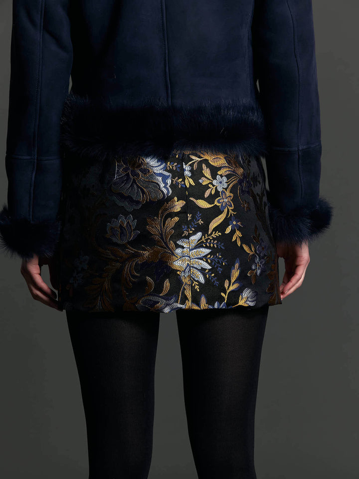 Women's Blue and Gold Floral Brocade Mini Skirt - Nigel Curtiss