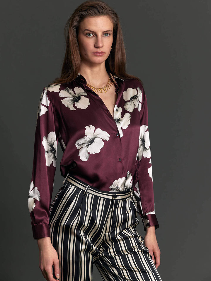 Women's Burgundy and Cream Hibiscus Silk Shirt - Nigel Curtiss