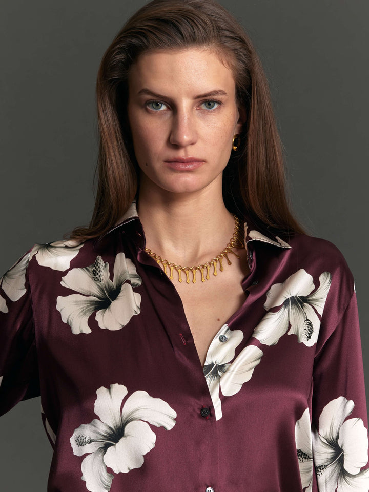 Women's Burgundy and Cream Hibiscus Silk Shirt - Nigel Curtiss