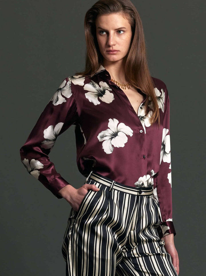 Women's Burgundy and Cream Hibiscus Silk Shirt - Nigel Curtiss