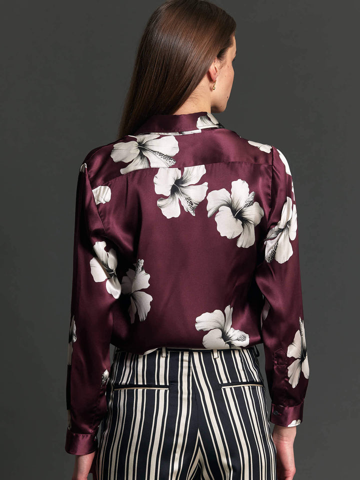 Women's Burgundy and Cream Hibiscus Silk Shirt - Nigel Curtiss