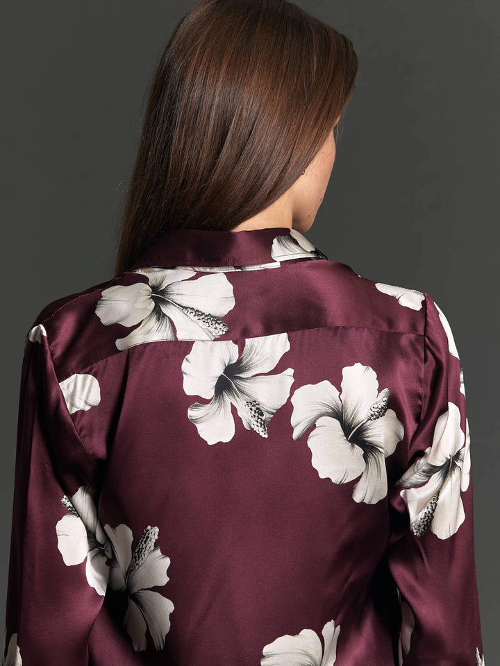 Women's Burgundy and Cream Hibiscus Silk Shirt - Nigel Curtiss