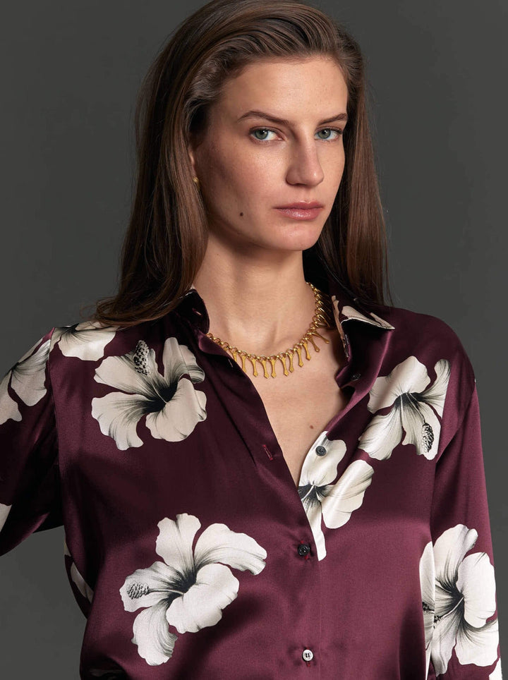 Women's Burgundy and Cream Hibiscus Silk Shirt - Nigel Curtiss