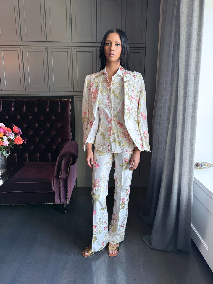 WOMEN'S CREAM SILK JACKET WITH EMBROIDERED CHERRY BLOSSOMS - Nigel Curtiss