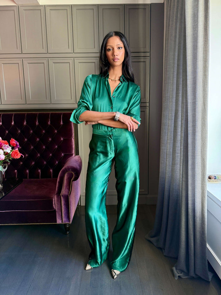 WOMEN'S EMERALD AND BLACK SILK PANT - Nigel Curtiss