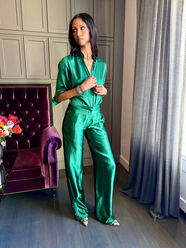 WOMEN'S EMERALD AND BLACK SILK PANT - Nigel Curtiss