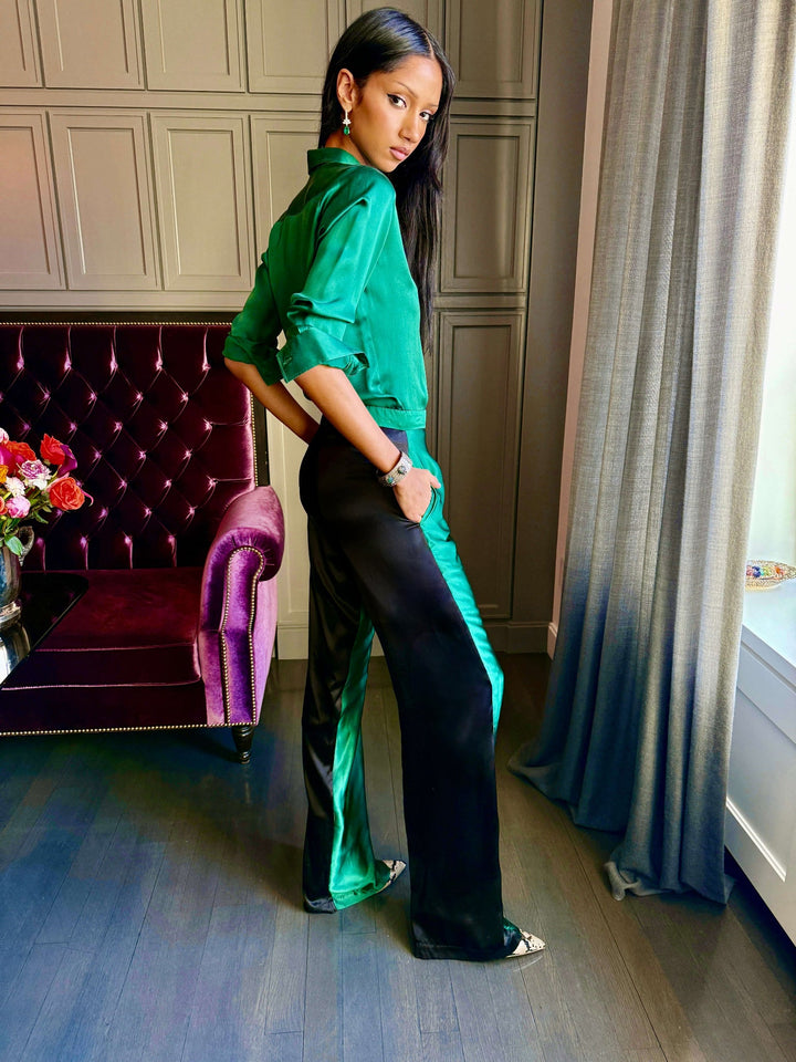 WOMEN'S EMERALD GREEN GLOSSY SILK SHIRT - Nigel Curtiss