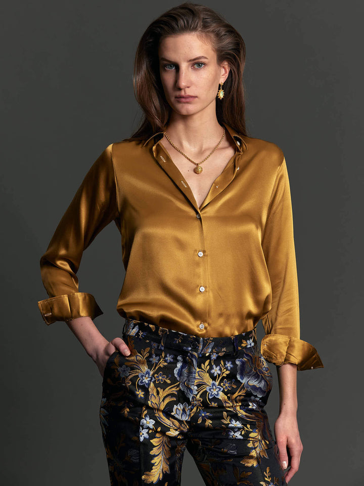 Women's Glossy Silk Shirt in Gold - Nigel Curtiss