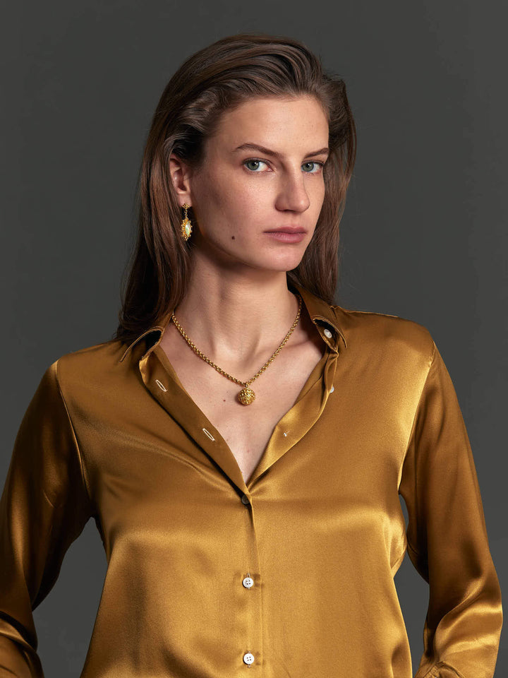 Women's Glossy Silk Shirt in Gold - Nigel Curtiss