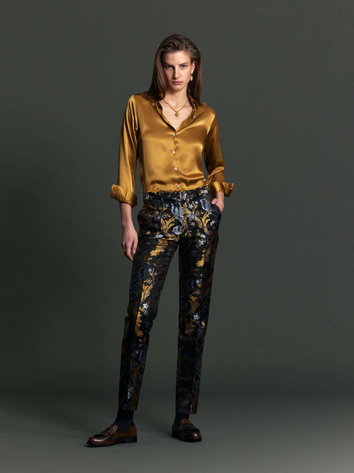 Women's Glossy Silk Shirt in Gold - Nigel Curtiss