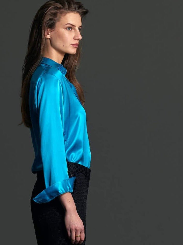 Women's Glossy Silk Shirt in Turquoise - Nigel Curtiss