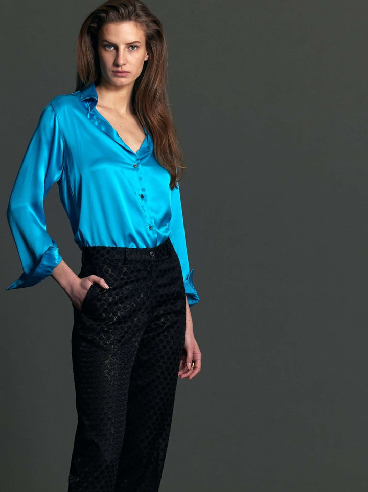 Women's Glossy Silk Shirt in Turquoise - Nigel Curtiss