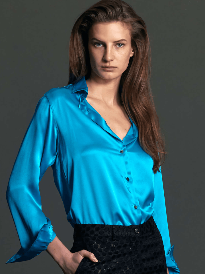 Women's Glossy Silk Shirt in Turquoise - Nigel Curtiss