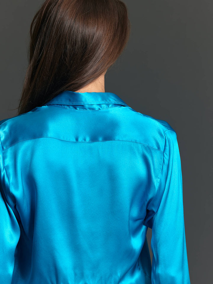 Women's Glossy Silk Shirt in Turquoise - Nigel Curtiss