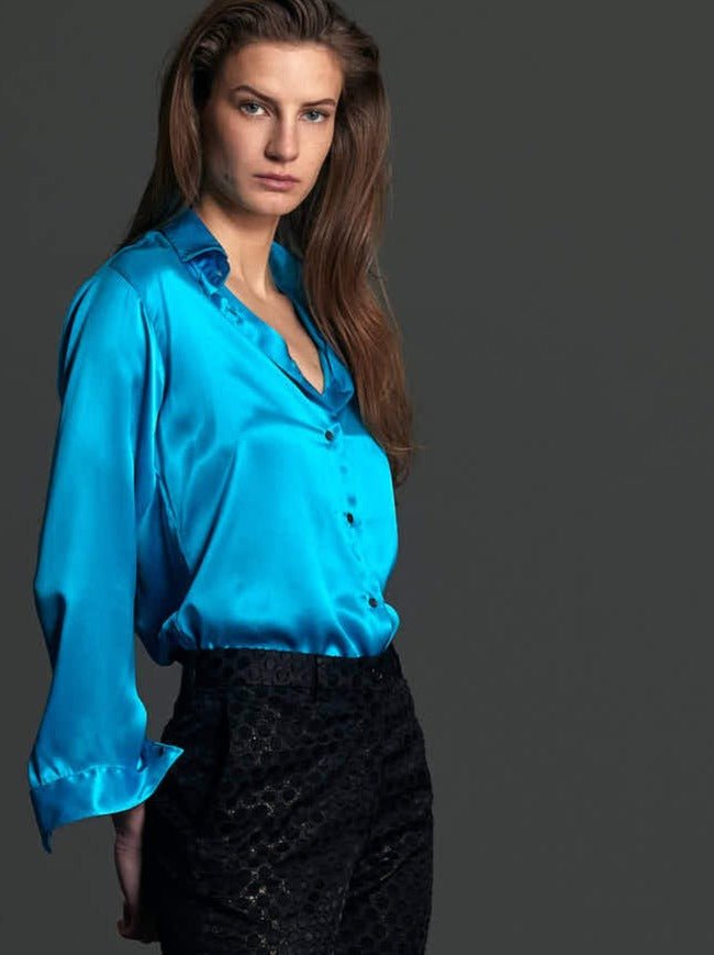 Women's Glossy Silk Shirt in Turquoise - Nigel Curtiss