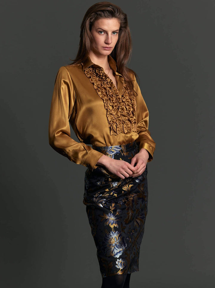 Women's Gold and Blue Floral Brocade Pencil Skirt - Nigel Curtiss