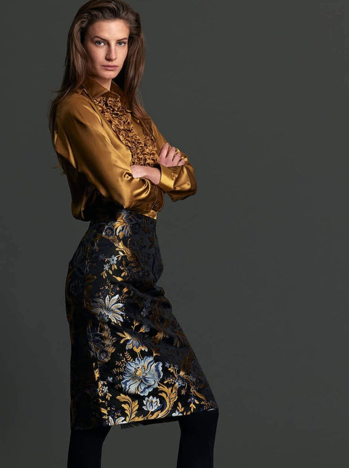 Women's Gold and Blue Floral Brocade Pencil Skirt - Nigel Curtiss