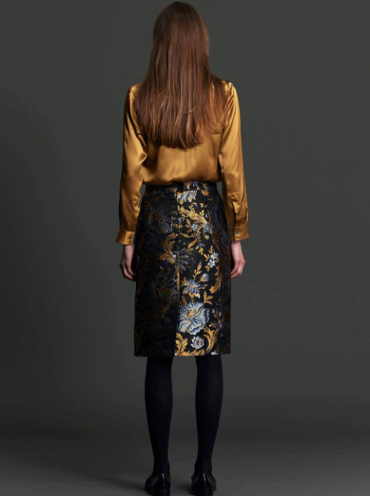 Women's Gold and Blue Floral Brocade Pencil Skirt - Nigel Curtiss