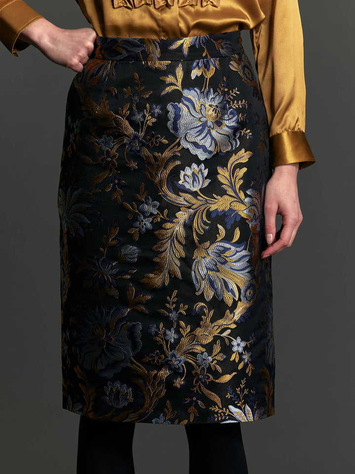 Women's Gold and Blue Floral Brocade Pencil Skirt - Nigel Curtiss