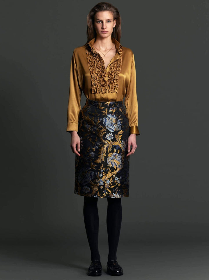 Women's Gold and Blue Floral Brocade Pencil Skirt - Nigel Curtiss