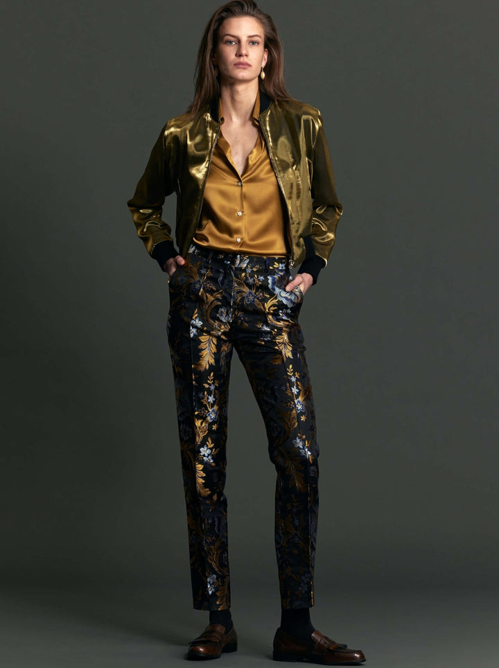 Women's Gold and Blue Floral Brocade Slim Pant - Nigel Curtiss