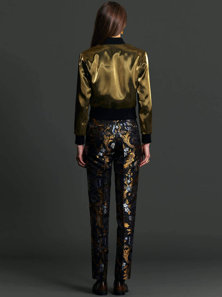 Women's Gold and Blue Floral Brocade Slim Pant - Nigel Curtiss