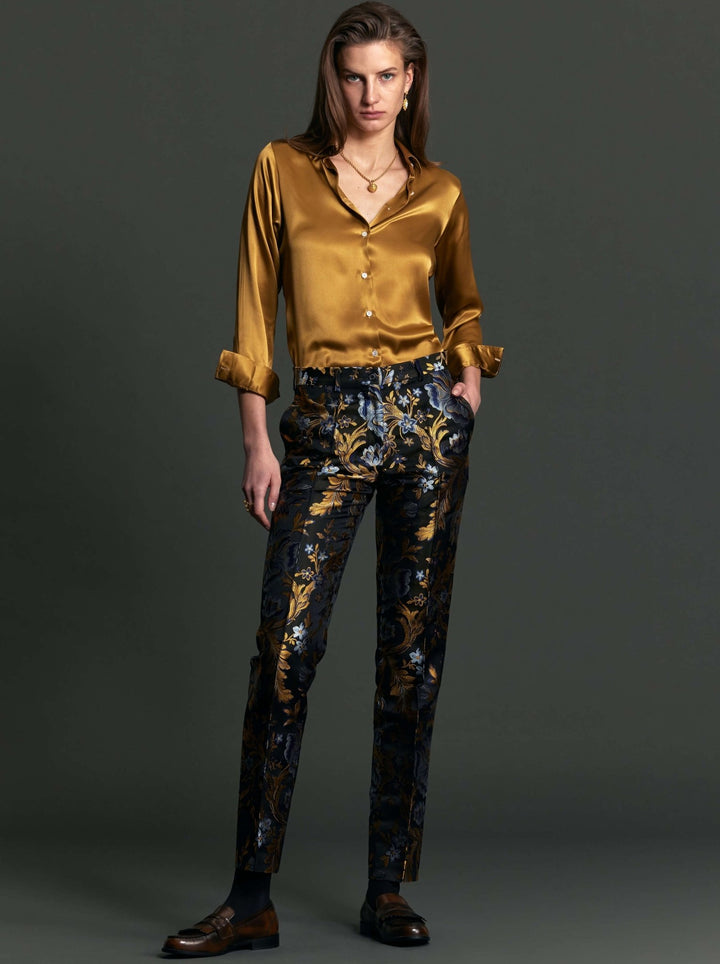 Women's Gold and Blue Floral Brocade Slim Pant - Nigel Curtiss