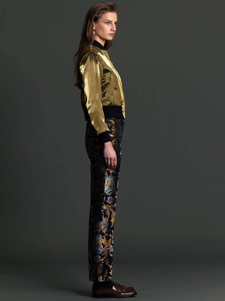 Women's Gold and Blue Floral Brocade Slim Pant - Nigel Curtiss