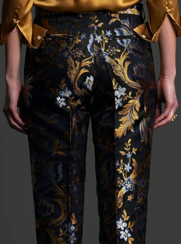 Women's Gold and Blue Floral Brocade Slim Pant - Nigel Curtiss