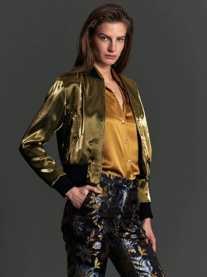 Women's Gold and Blue Floral Brocade Slim Pant - Nigel Curtiss