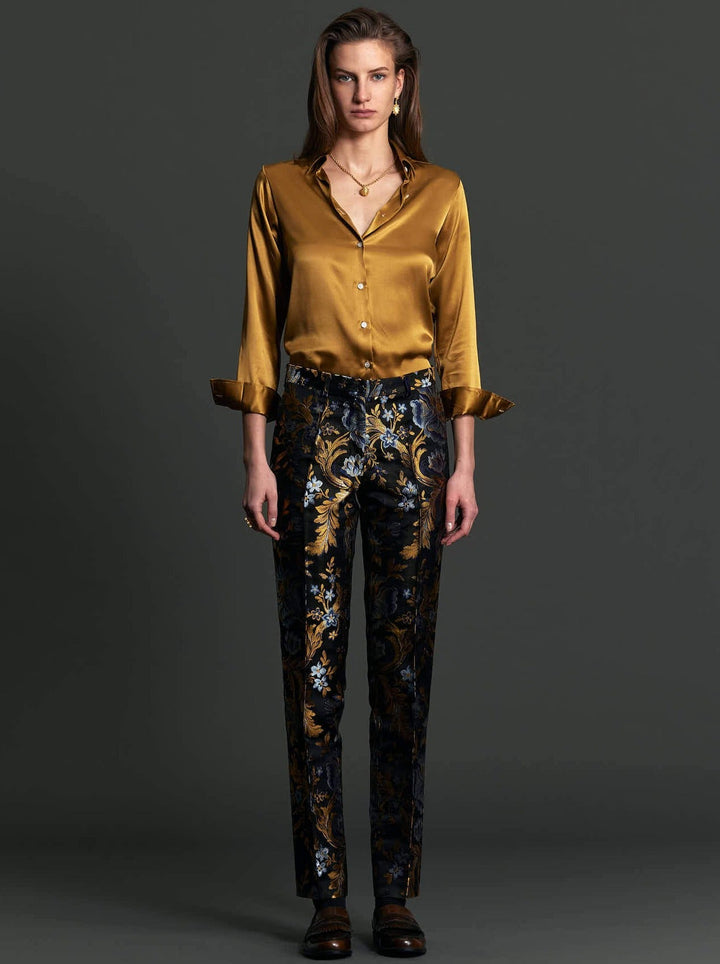 Women's Gold and Blue Floral Brocade Slim Pant - Nigel Curtiss