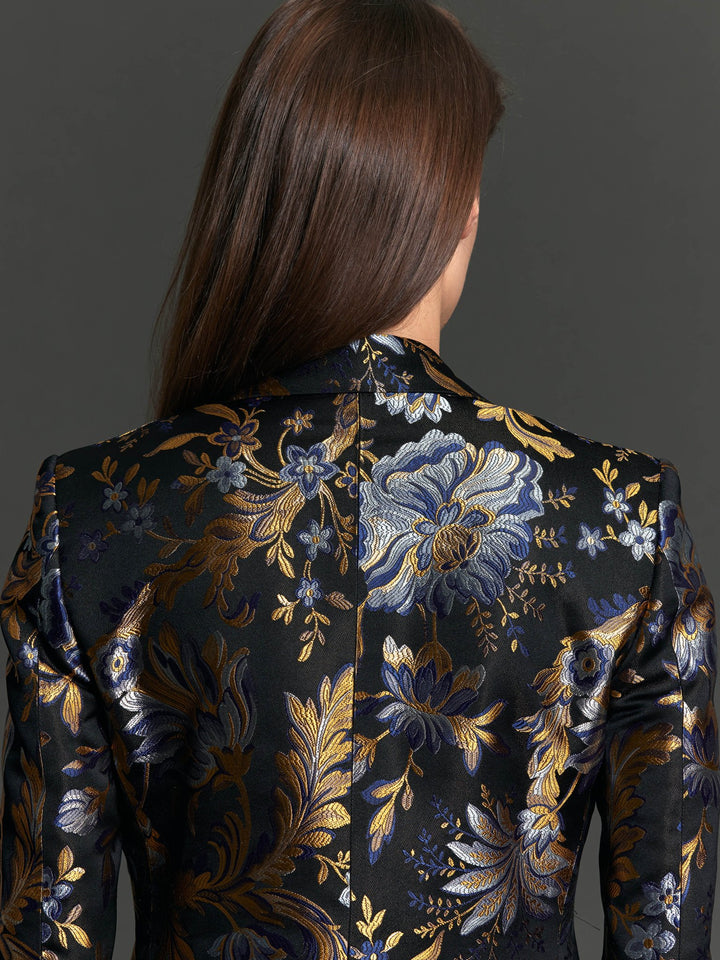 Women's Gold and Blue Floral Brocade Tuxedo Jacket - Nigel Curtiss