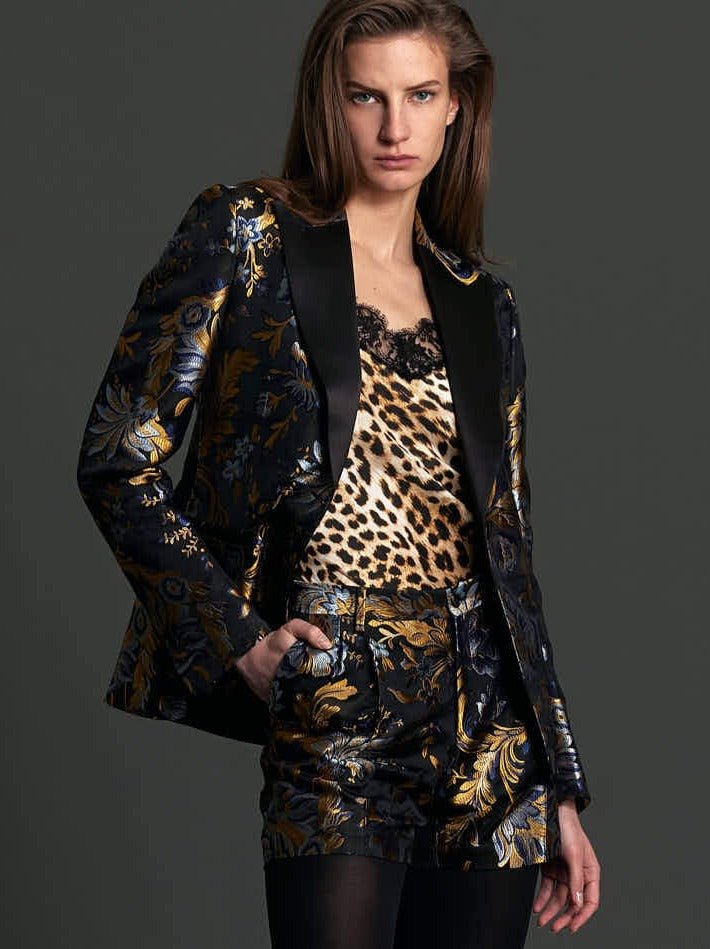 Women's Gold and Blue Floral Brocade Tuxedo Jacket - Nigel Curtiss