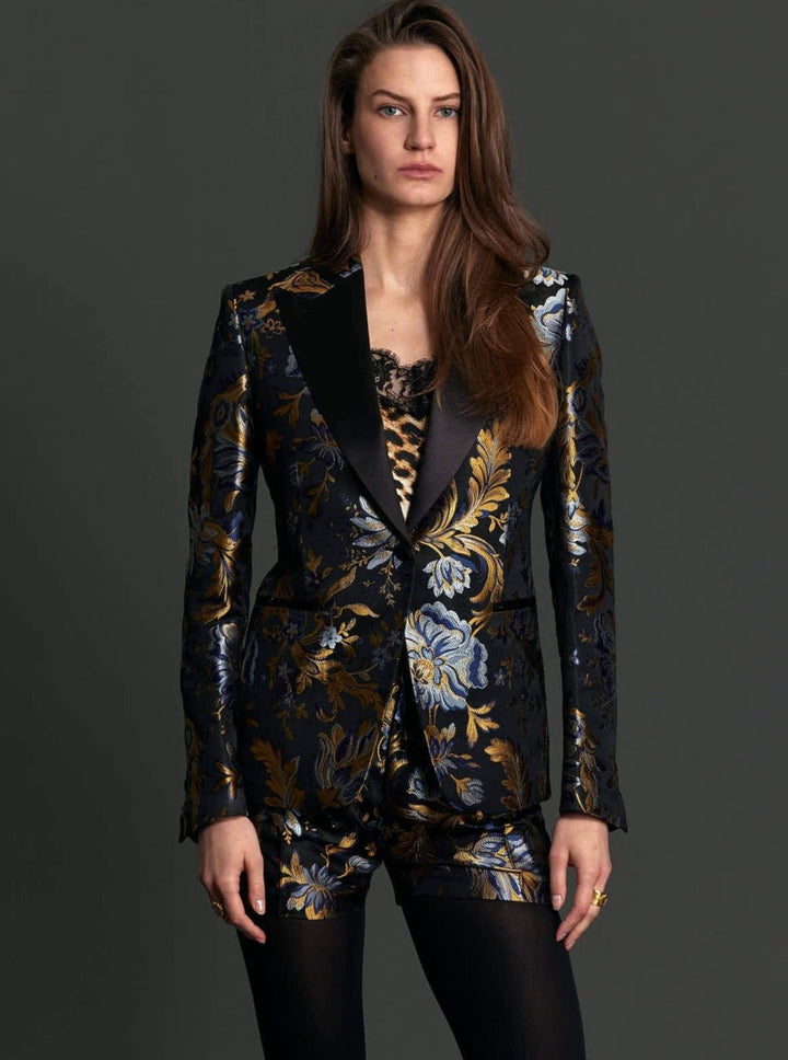 Women's Gold and Blue Floral Brocade Tuxedo Jacket - Nigel Curtiss