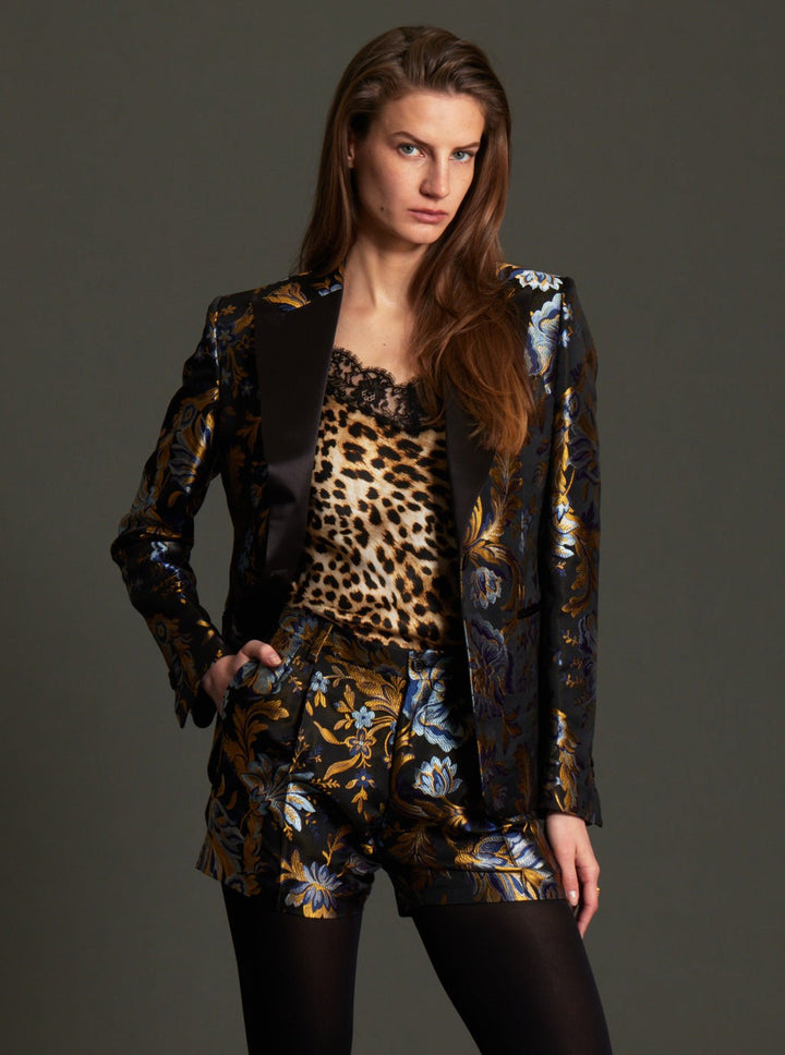 Women's Gold and Blue Floral Brocade Tuxedo Jacket - Nigel Curtiss