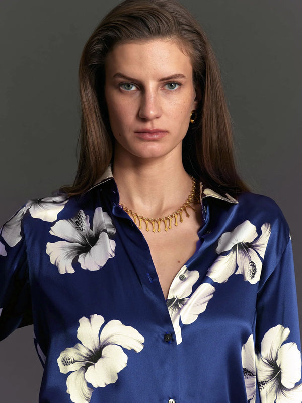 Women’s Navy and Cream Hibiscus Silk Shirt - Nigel Curtiss